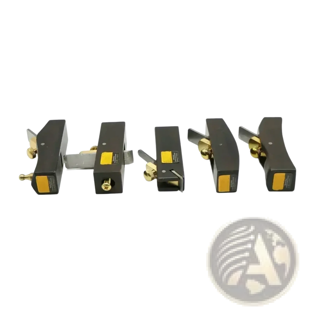Set of five black-bodied mini wood hand planes with brass knobs yellow accents and adjustable carbon steel blades
