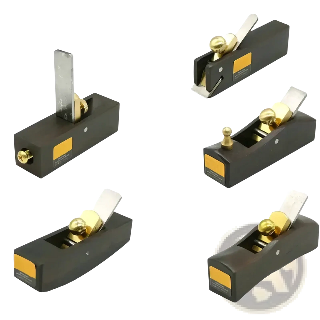 Set of five black wooden mini hand planes with brass handles and adjustable carbon steel blades for woodworking