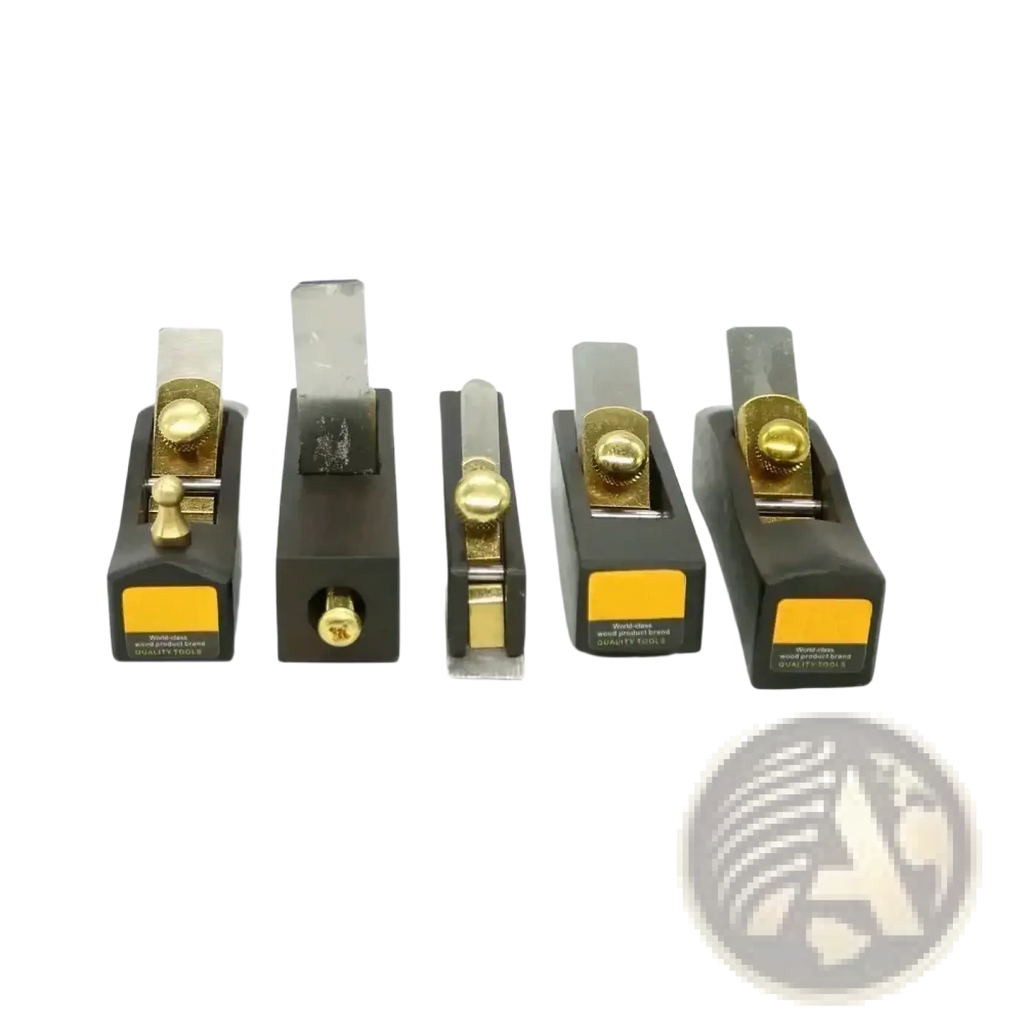 Set of five black-bodied mini wood hand planers with adjustable carbon steel blades brass knobs and yellow accents labeled a to e