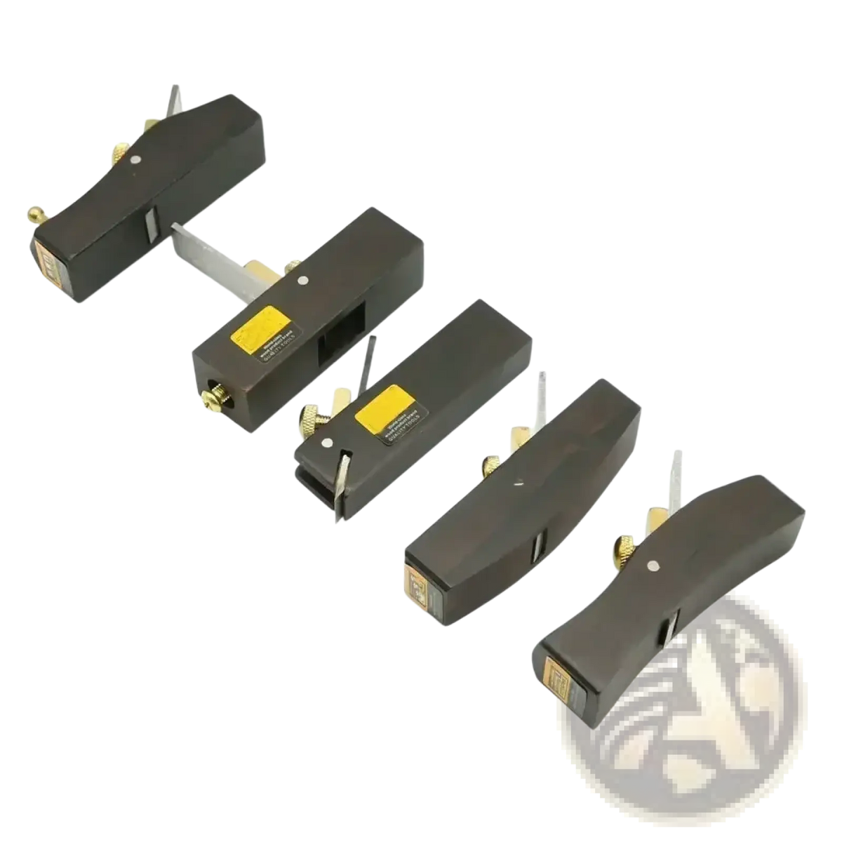 Set of five black wooden mini hand planes with brass fittings and adjustable carbon steel blades with yellow labels