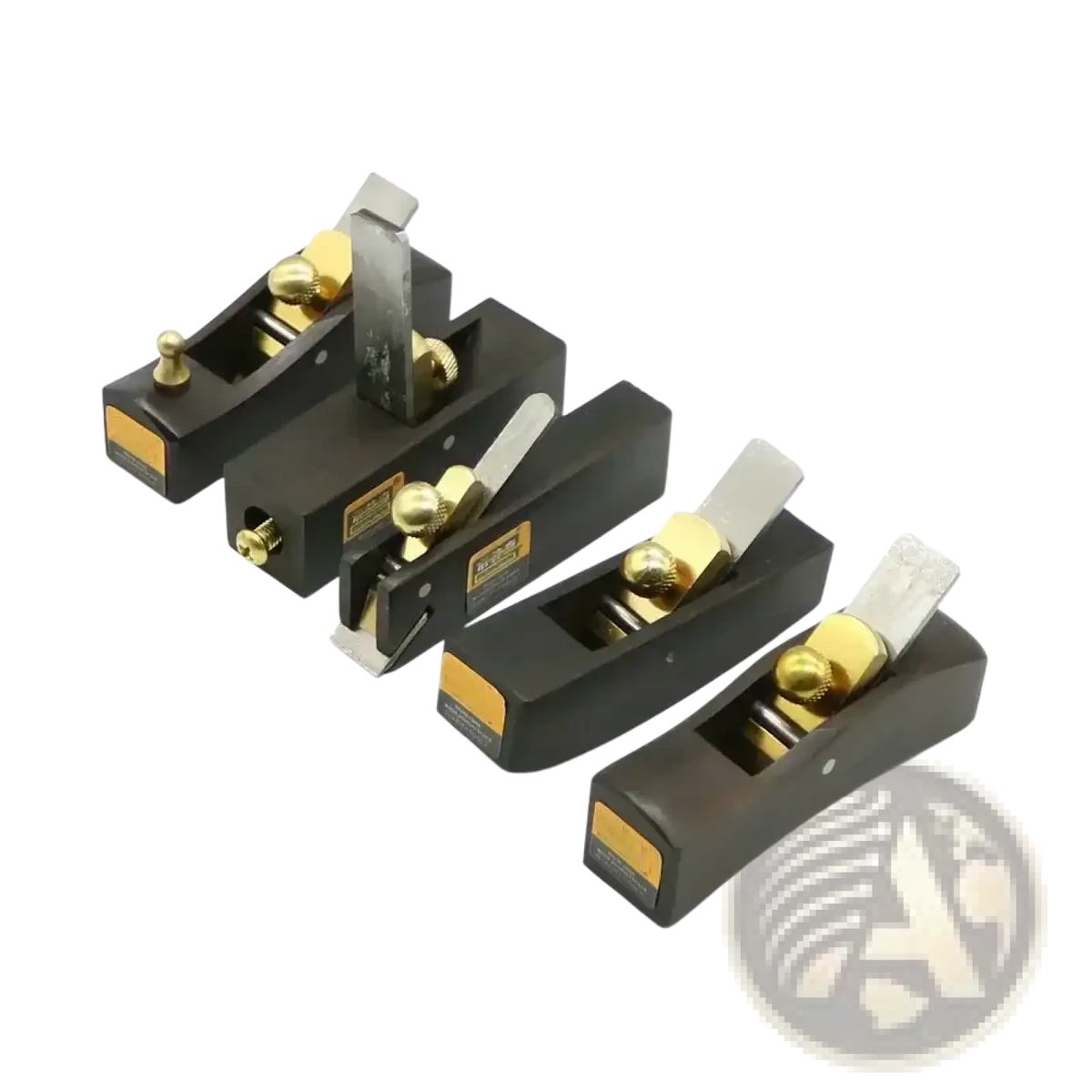 Set of five black wooden mini hand planes with brass knobs and adjustable carbon steel blades for precision woodworking