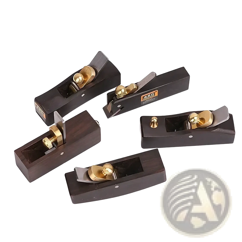 Set of five dark wood mini hand planes with brass knobs and adjustable carbon steel blades for precise woodworking
