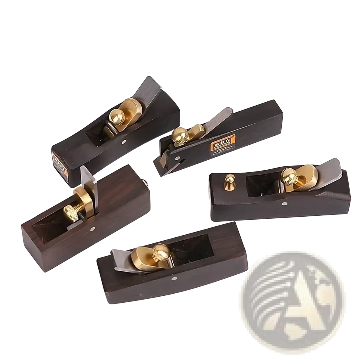 Set of five dark wood mini hand planes with brass knobs and adjustable carbon steel blades for precise woodworking