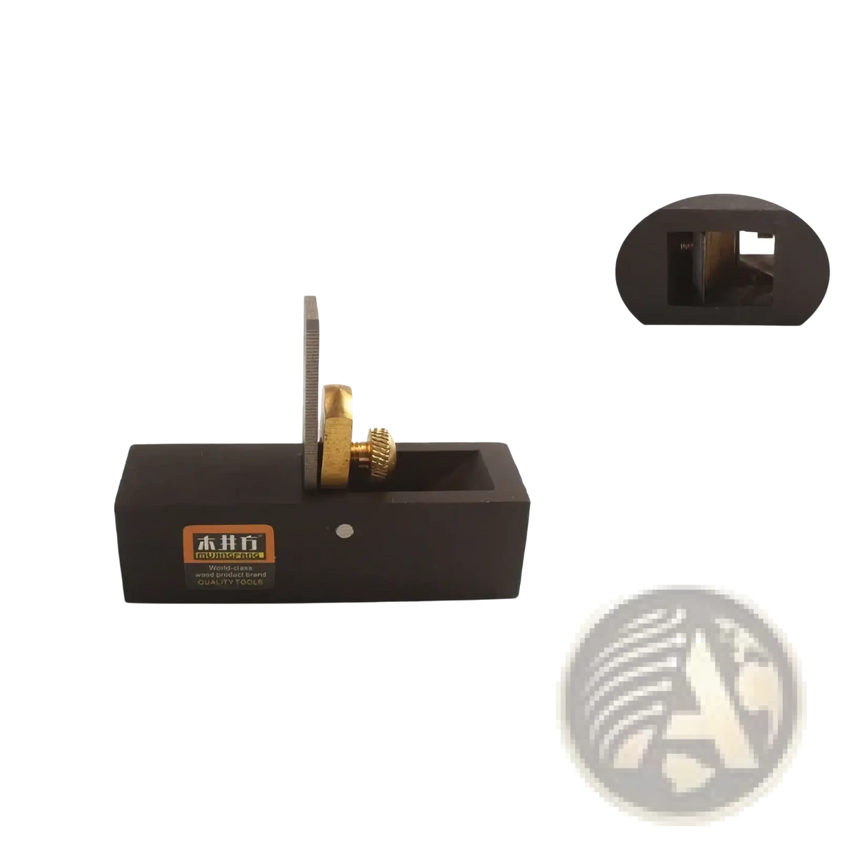 Mini wood hand plane set carpentry tool with black wooden body, brass adjustable knob, and metal blade