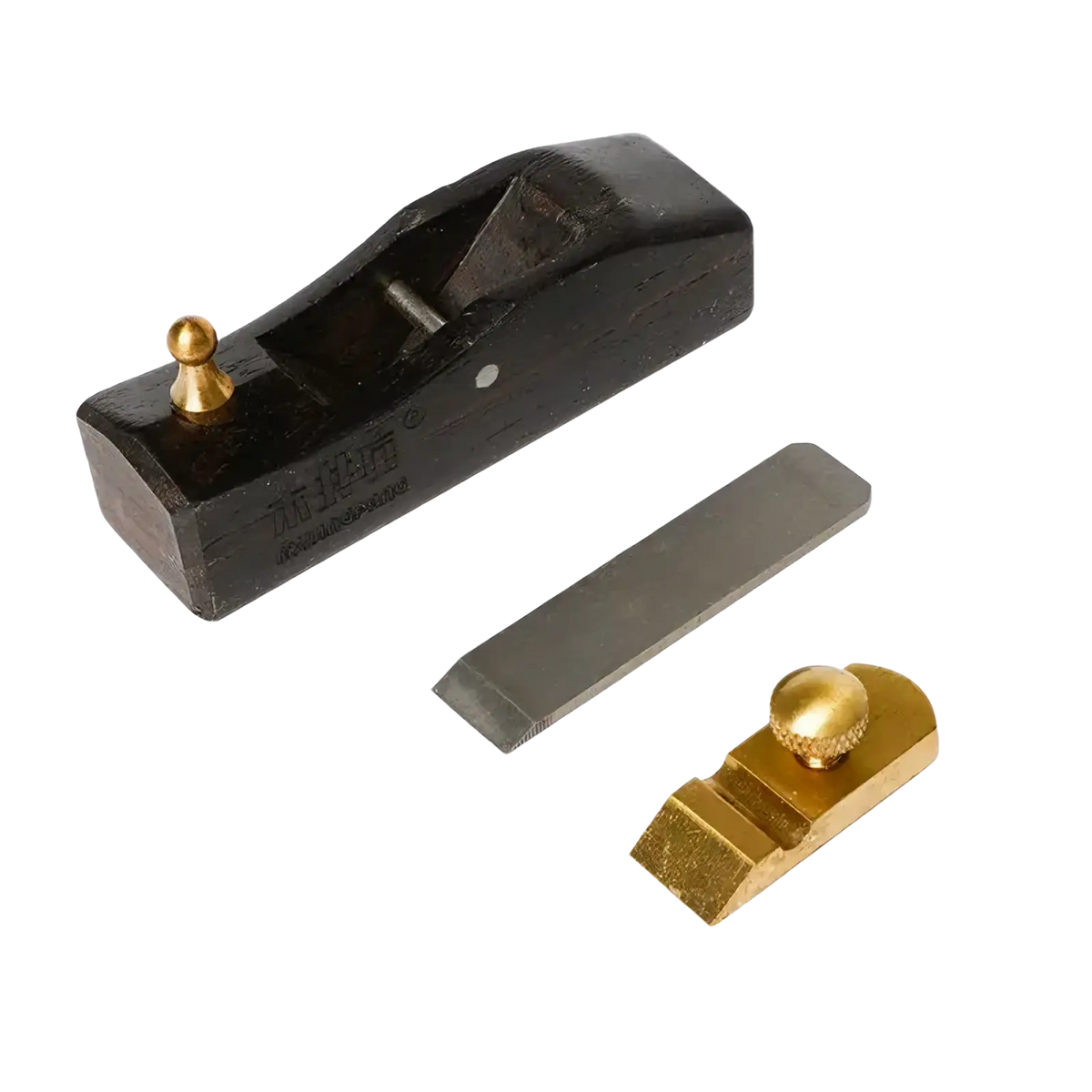 Black wooden mini hand plane with brass knobs and replaceable metal blade for precise carpentry tasks