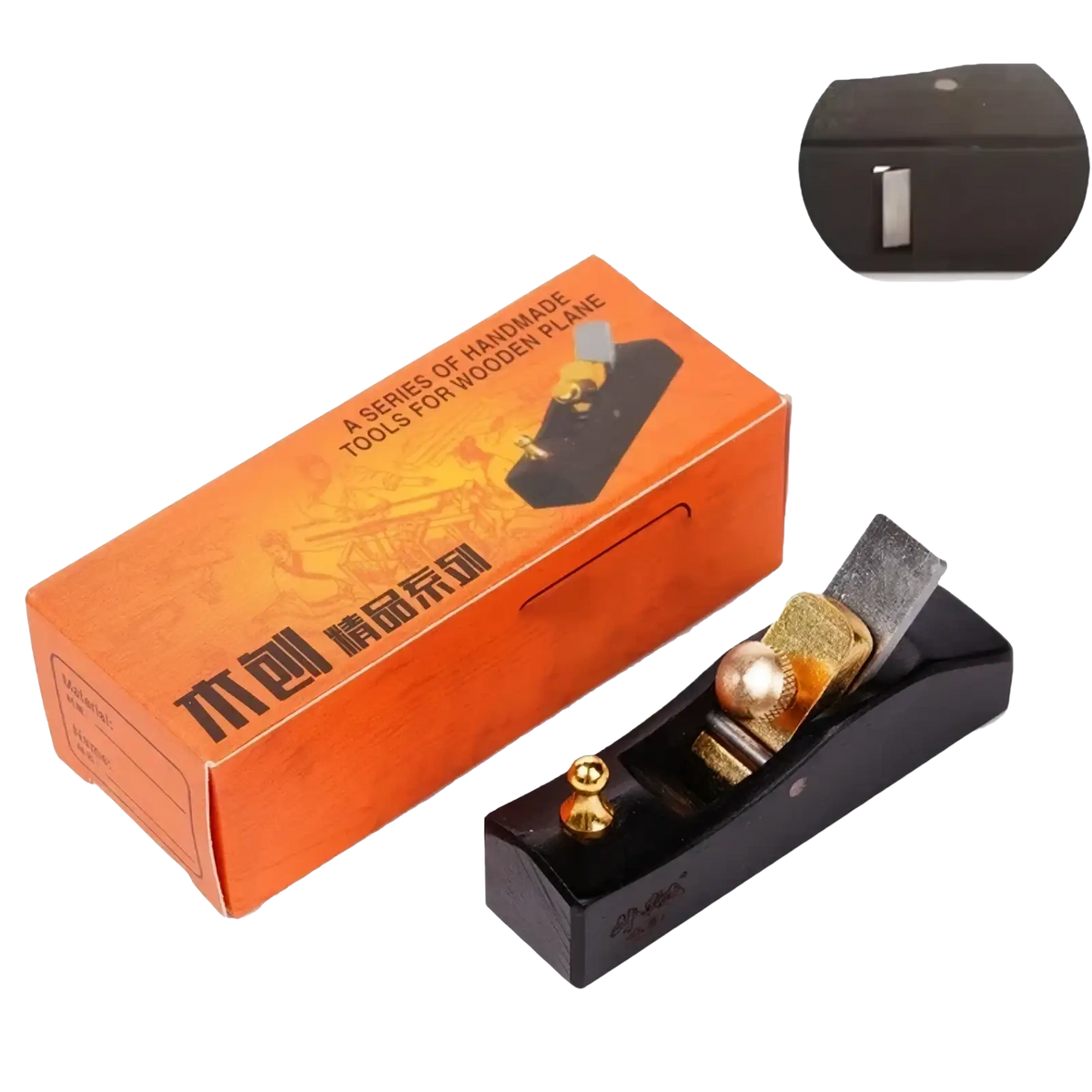 Black wooden mini hand plane with brass and gold-toned metal components for precision carpentry tasks