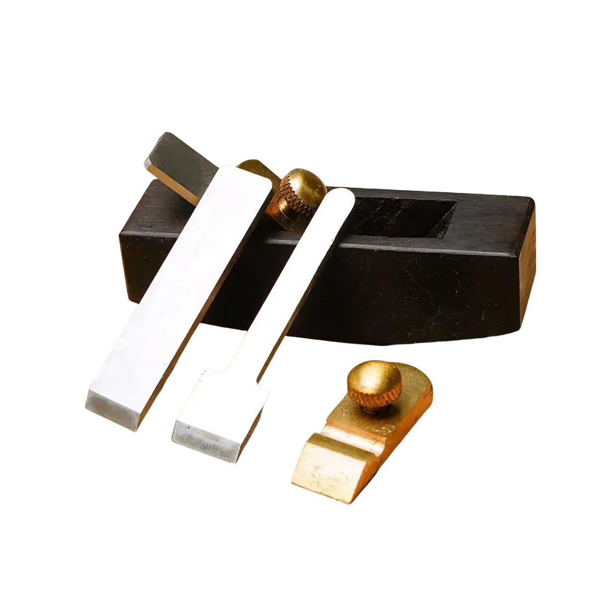 Black wooden mini hand plane set with brass knobs and silver metal blades for precise carpentry work