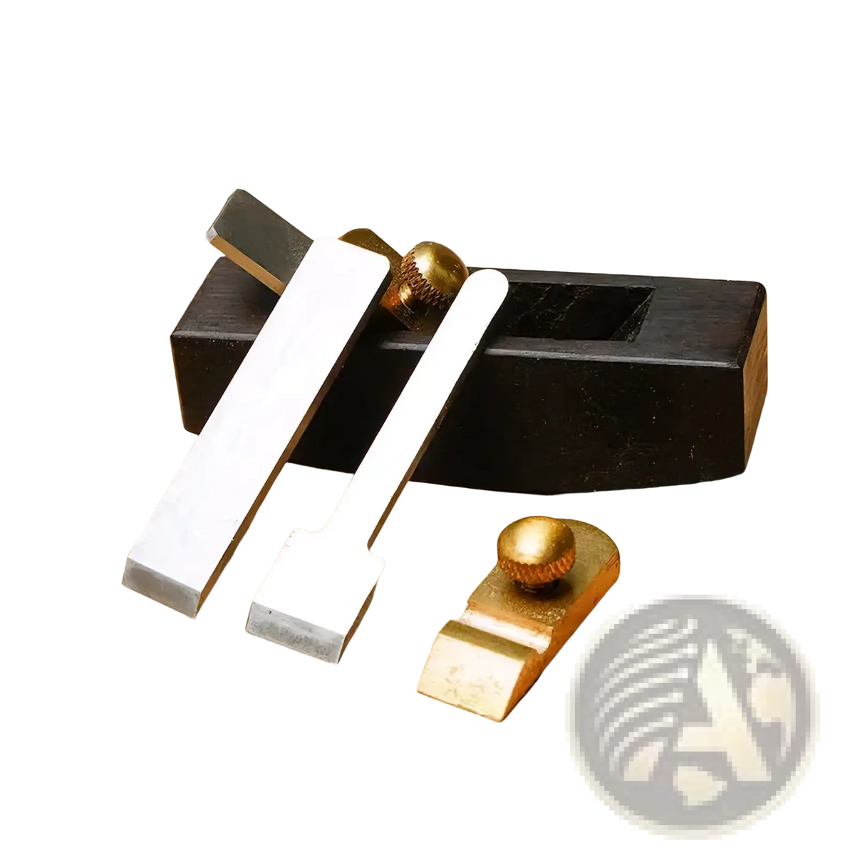Black wooden mini hand plane set with brass knobs and silver metal blades for precise carpentry work