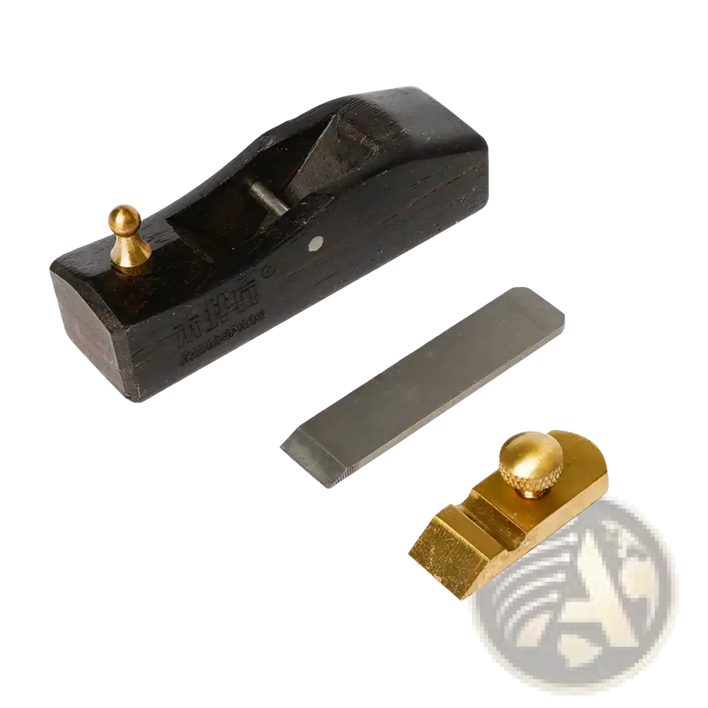 Black wooden mini hand plane with brass knobs and replaceable metal blade for precise carpentry tasks