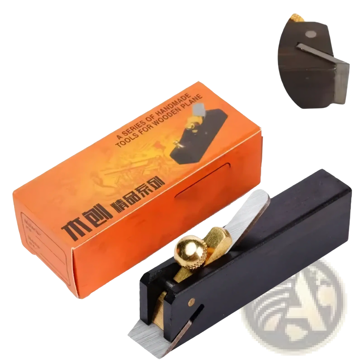 Mini wood hand plane set carpentry tool in black wood with brass knob and metallic blade next to orange packaging box