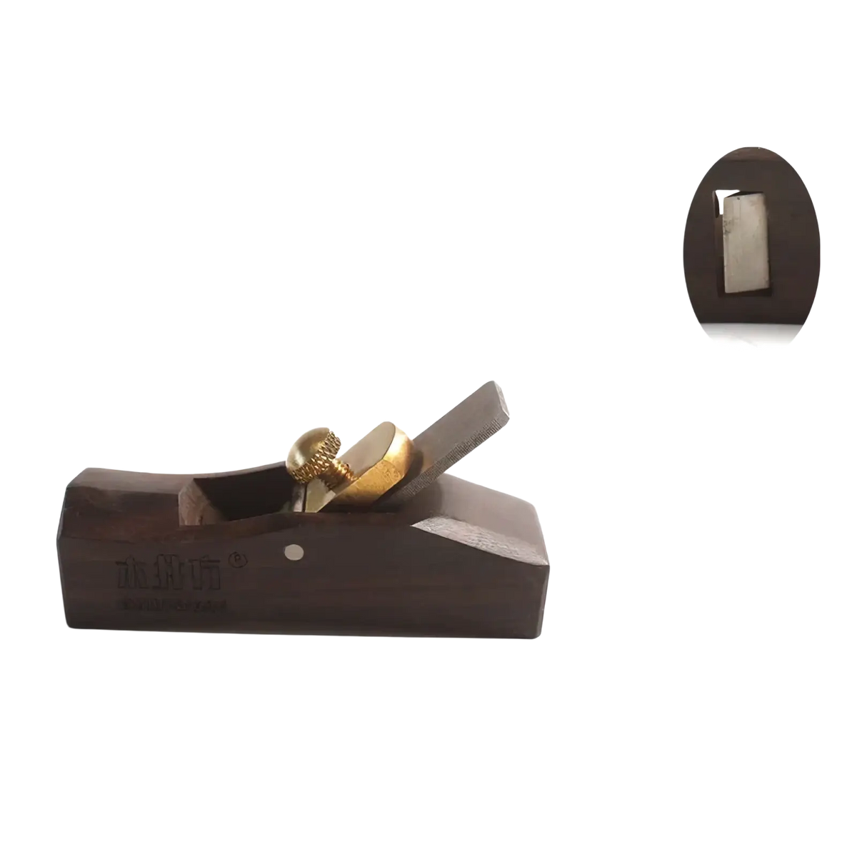 Mini wood hand plane set featuring a dark wood body with brass adjustment knob and steel blade for carpentry use