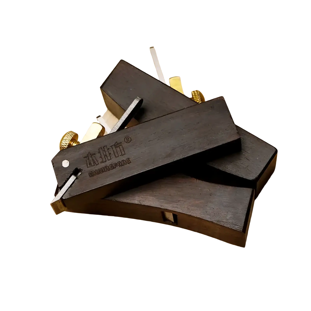 Mini wood hand plane set featuring a dark wood body with brass knobs and metal blades for precise carpentry tasks