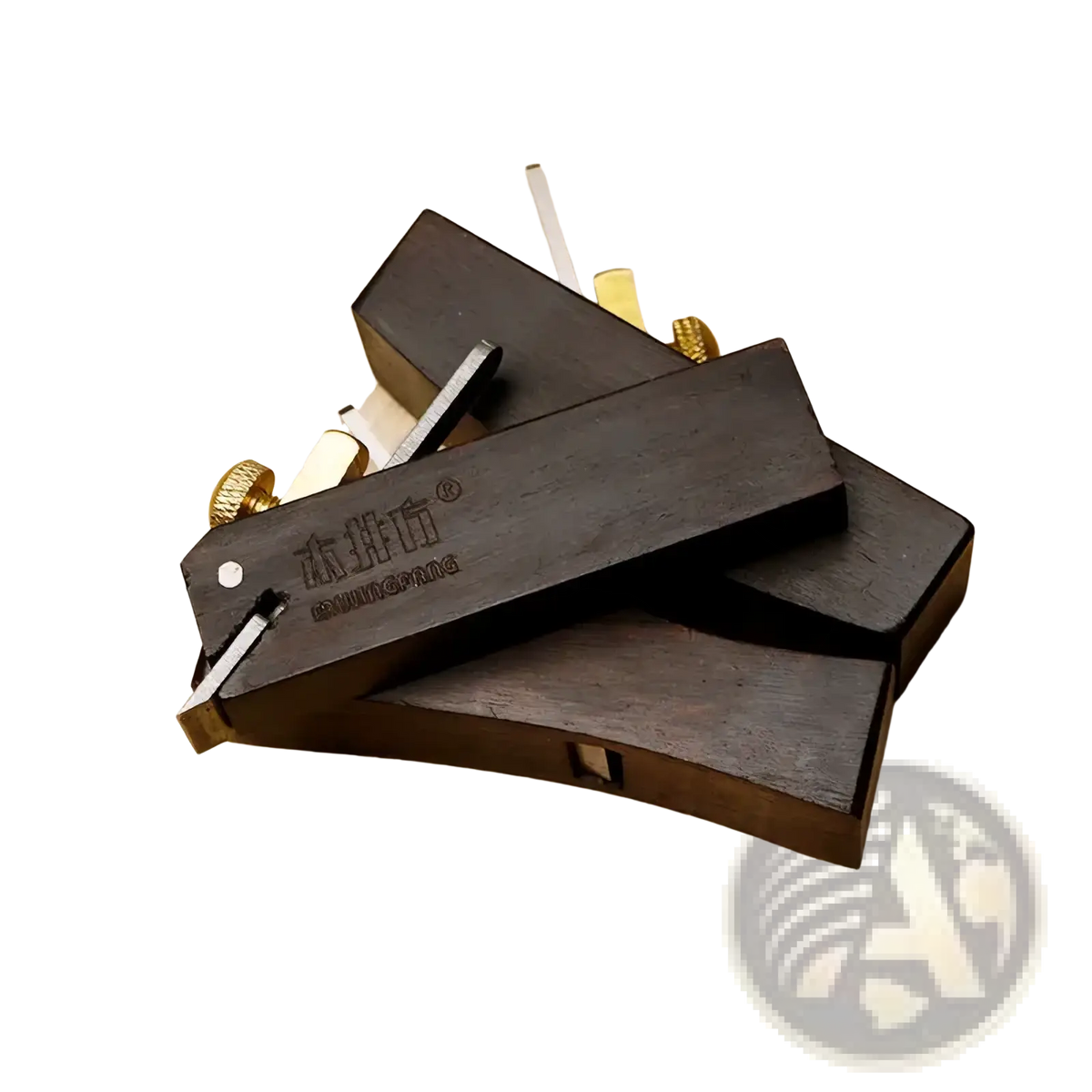 Mini wood hand plane set featuring a dark wood body with brass knobs and metal blades for precise carpentry tasks