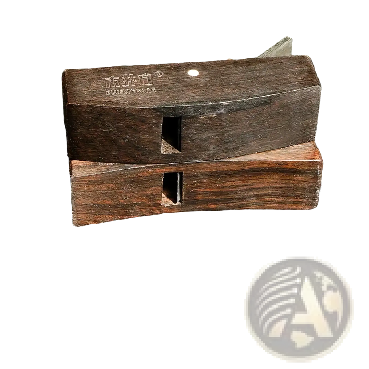 Dark brown wooden mini hand plane with rectangular body and engraved markings for precision carpentry use