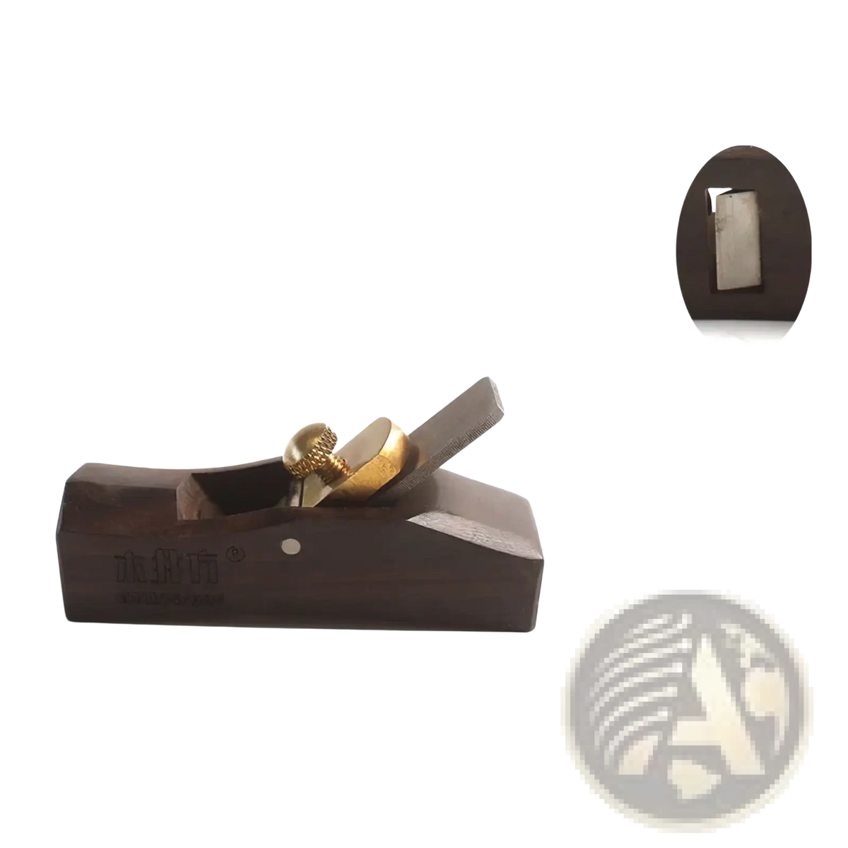 Mini wood hand plane set featuring a dark wood body with brass adjustment knob and steel blade for carpentry use