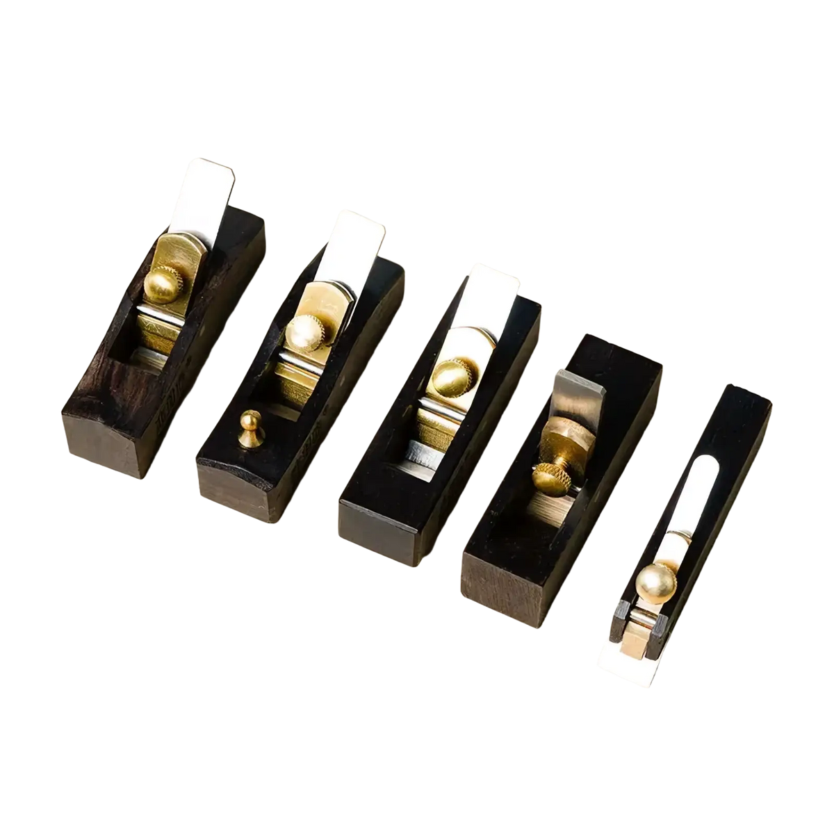 Set of five black wooden mini hand planes with brass and silver metal parts for carpentry tool use