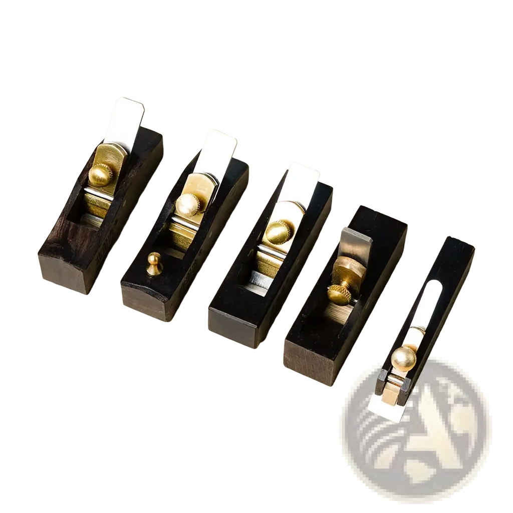 Set of five black wooden mini hand planes with brass and silver metal parts for carpentry tool use