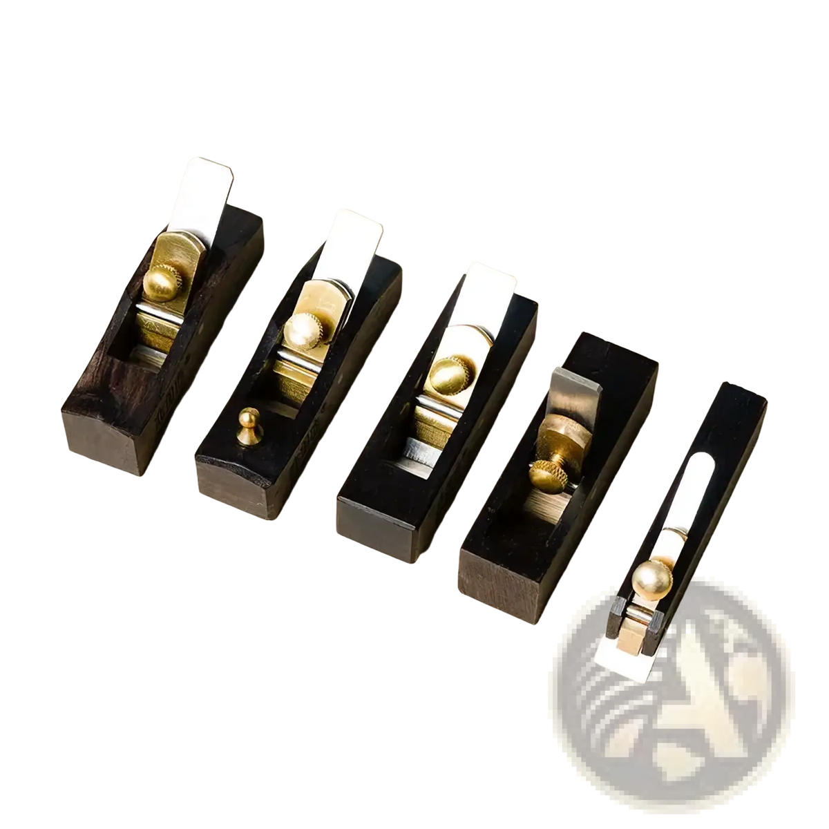 Set of five black wooden mini hand planes with brass and silver metal parts for carpentry tool use