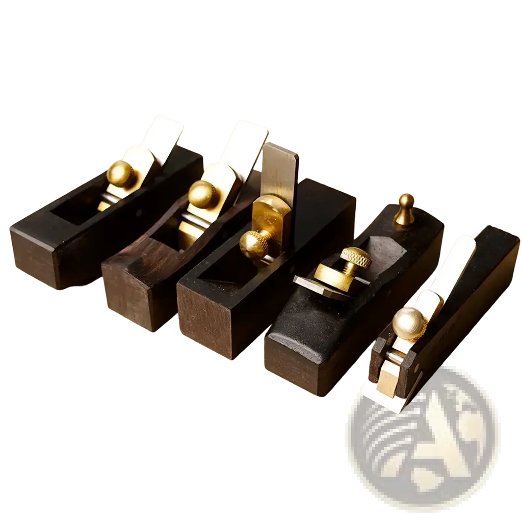 Set of five dark wood mini hand planes with brass and steel components for carpentry tool use