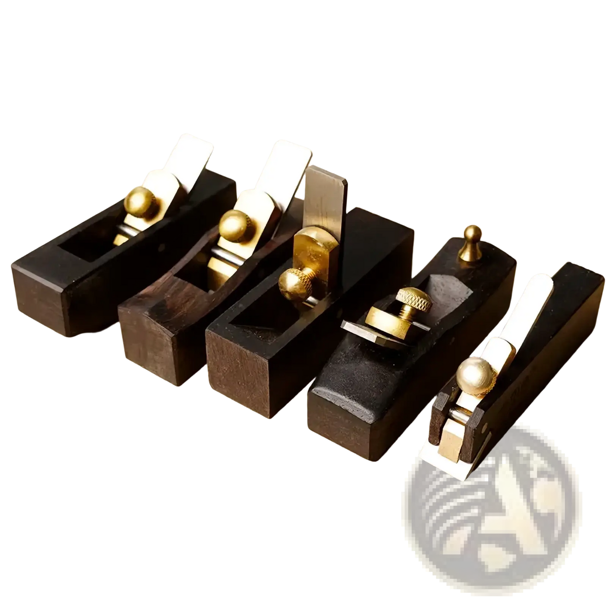 Set of five dark wood mini hand planes with brass and steel components for carpentry tool use