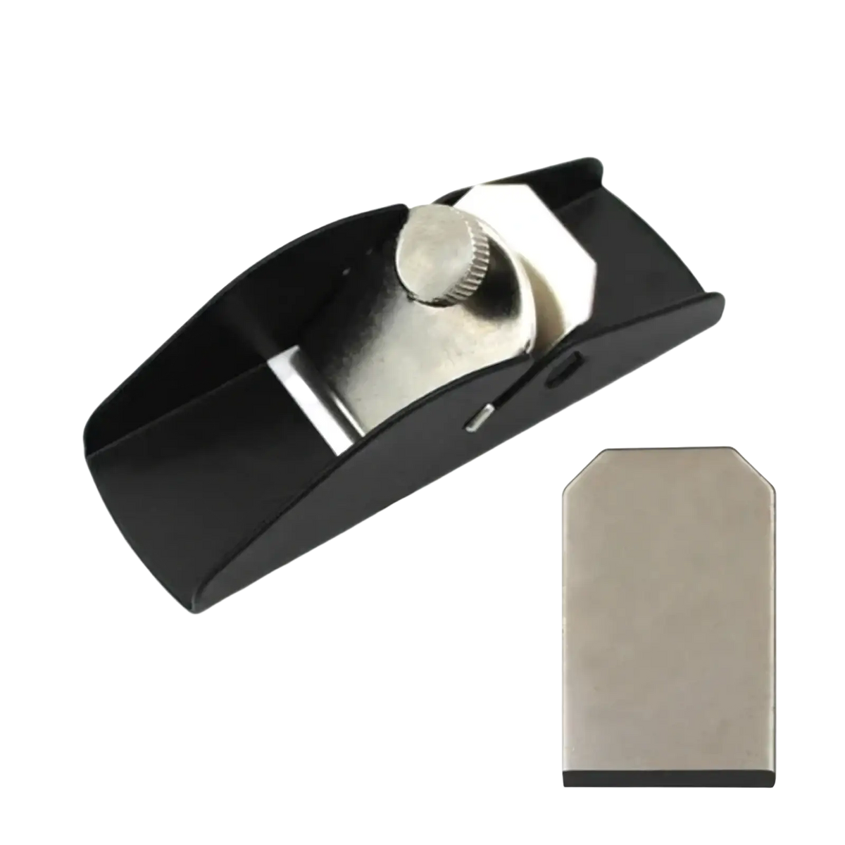 Black mini wood hand planer with silver adjustable knob and metallic blade made of aluminum alloy with replacement insert