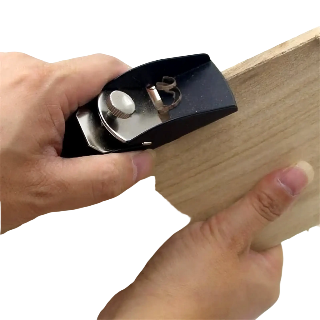 Black mini wood hand planer with aluminum alloy body, silver adjustment knob, and brass blade smoothing wood surface