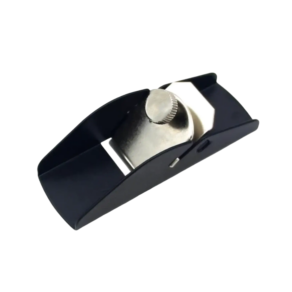 Black plastic-bodied mini wood hand planer with silver metal adjustable knob and blade for carpentry use