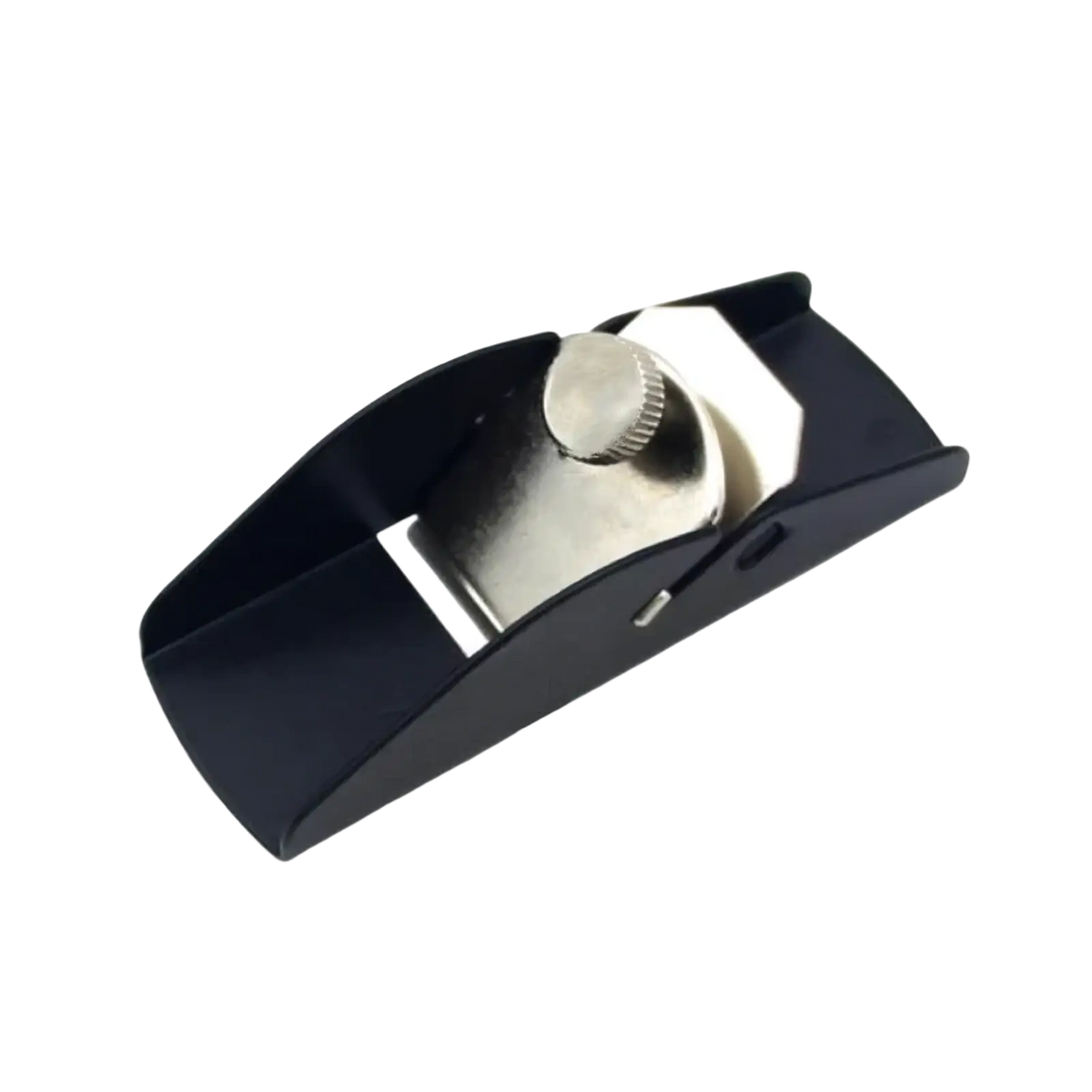 Black plastic-bodied mini wood hand planer with silver metal adjustable knob and blade for carpentry use