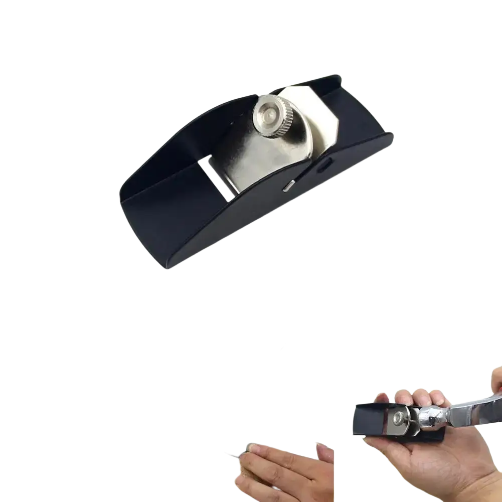Mini wood hand planer with black plastic body silver metal adjustable knob and blade for precise carpentry use