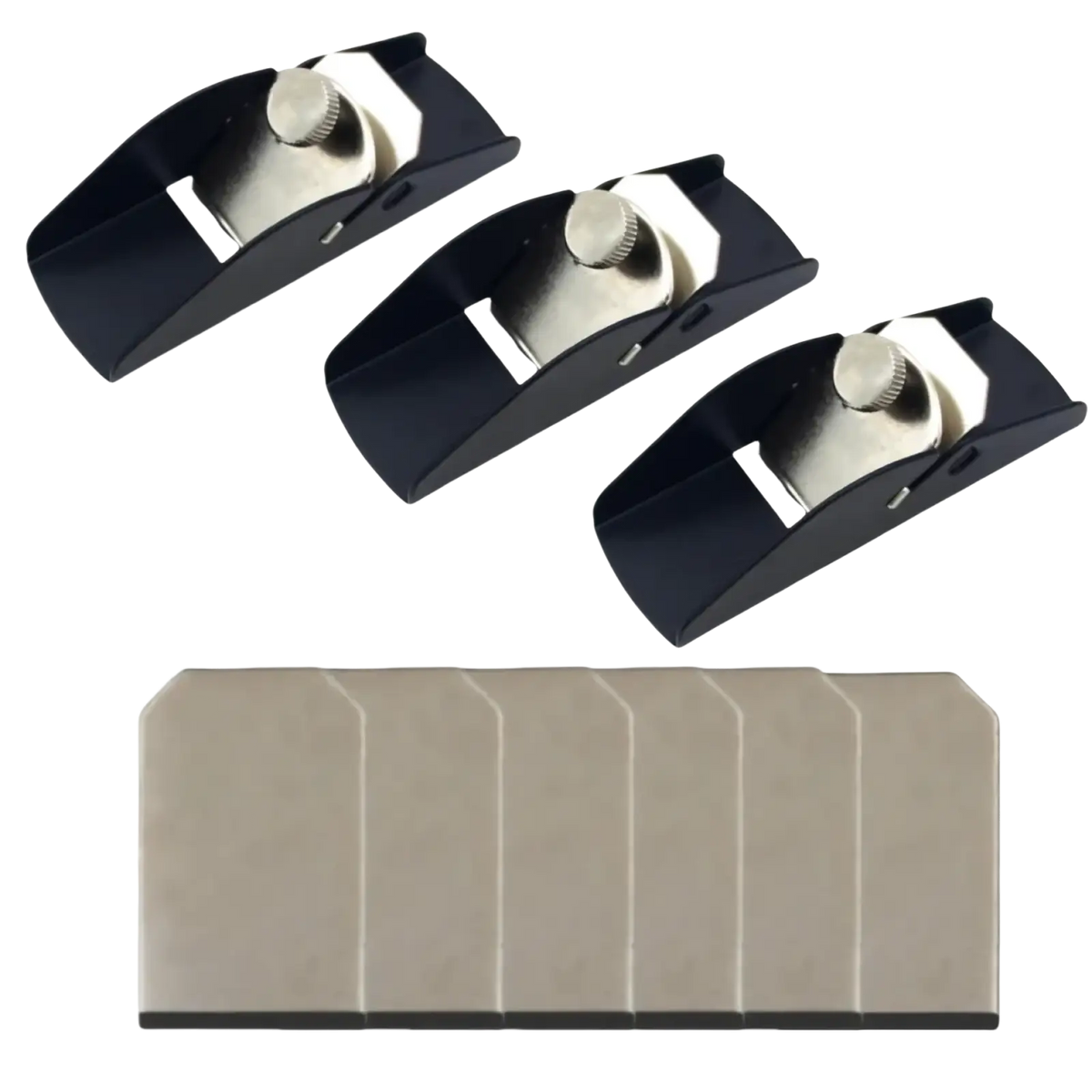 Set of three black mini wood hand planers with aluminum alloy bodies and silver adjustment knobs for carpentry use