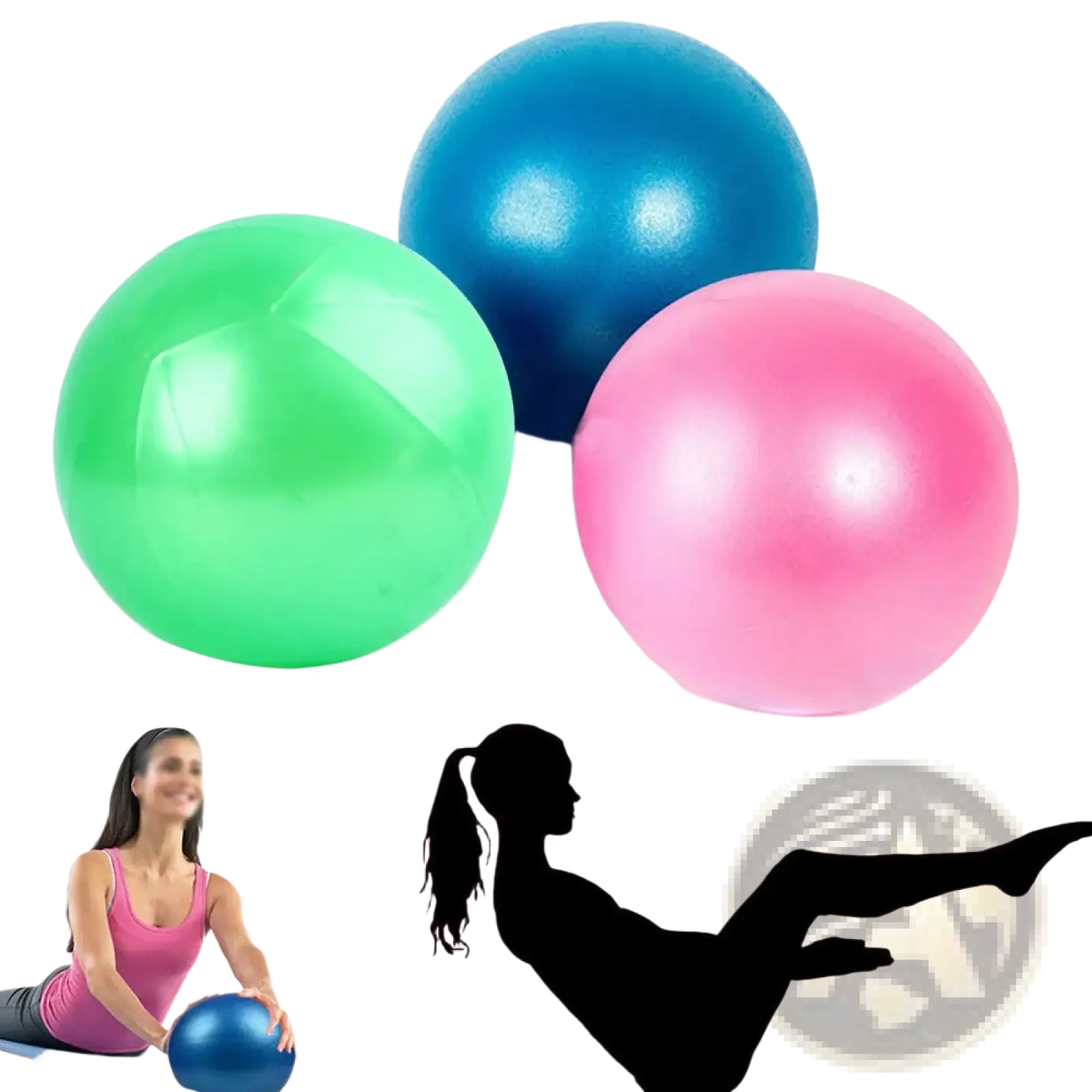 Three brightly colored green blue and pink mini yoga balls 20cm glossy fitness balance exercise balls
