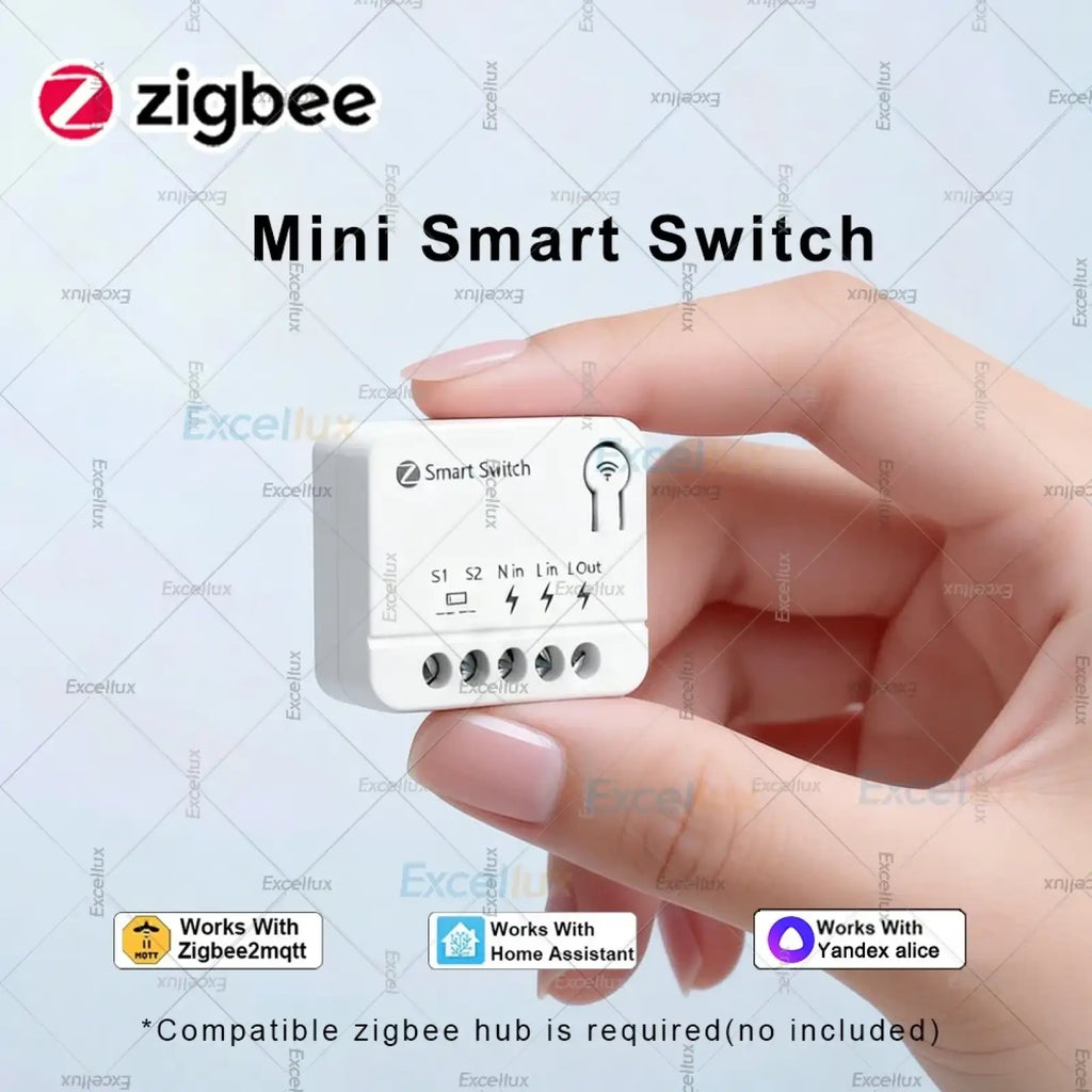 White rectangular mini Zigbee smart switch module 10a relay breaker with labeled terminals and Wi-Fi icon on top surface
