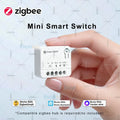 White rectangular mini Zigbee smart switch module 10a relay breaker with labeled terminals and Wi-Fi icon on top surface