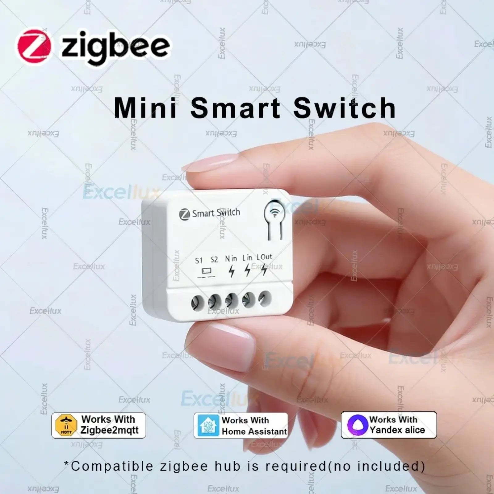 White rectangular mini Zigbee smart switch module 10a relay breaker with labeled terminals and Wi-Fi icon on top surface