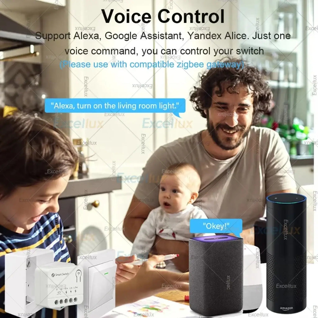 Black cylindrical amazon echo dot smart speaker with purple top ring and white text shown with mini zigbee smart switch module 10a relay breaker