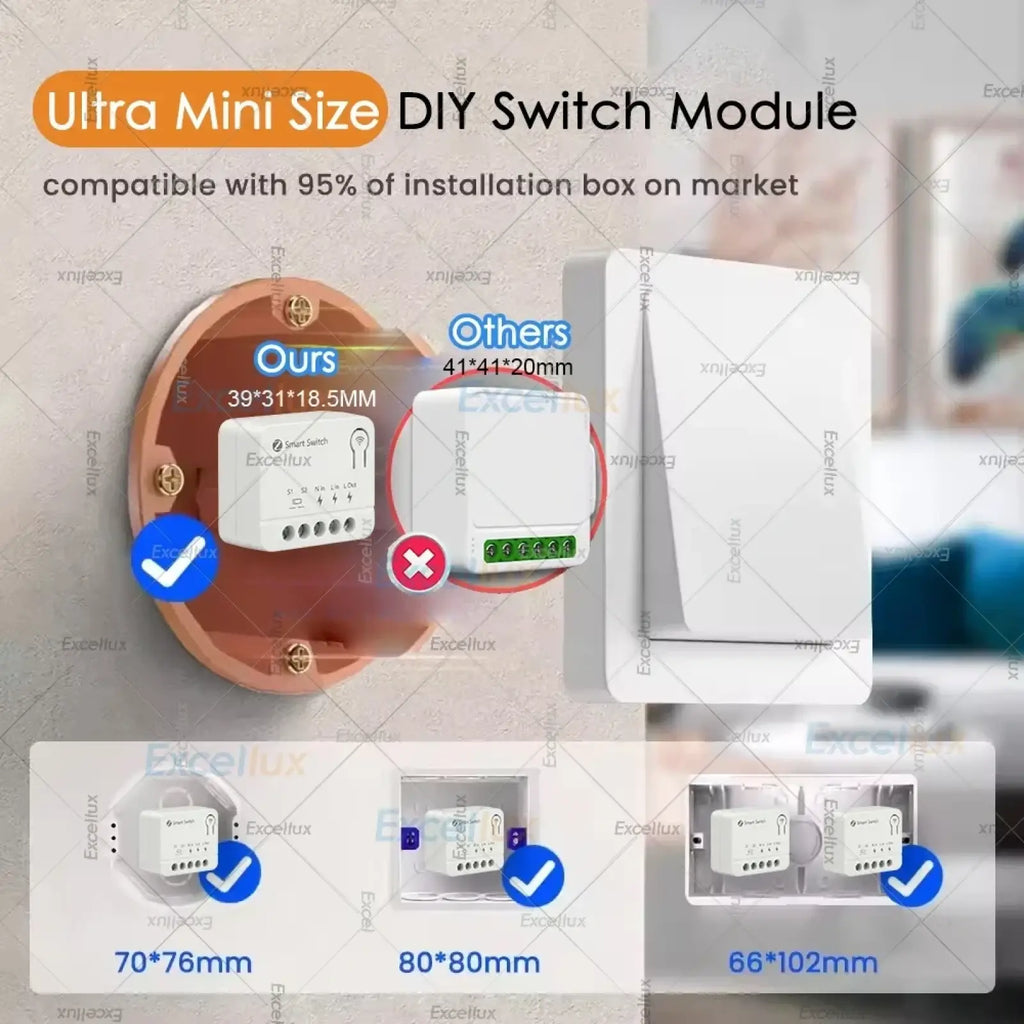White rectangular excelux mini zigbee smart switch module with 10a relay breaker and ultra mini size design