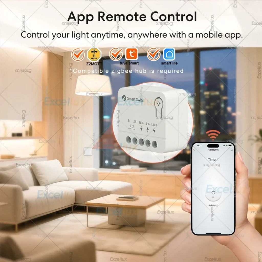 White rectangular mini zigbee smart switch module with 10a relay breaker and smartphone app interface showing wi-fi connection