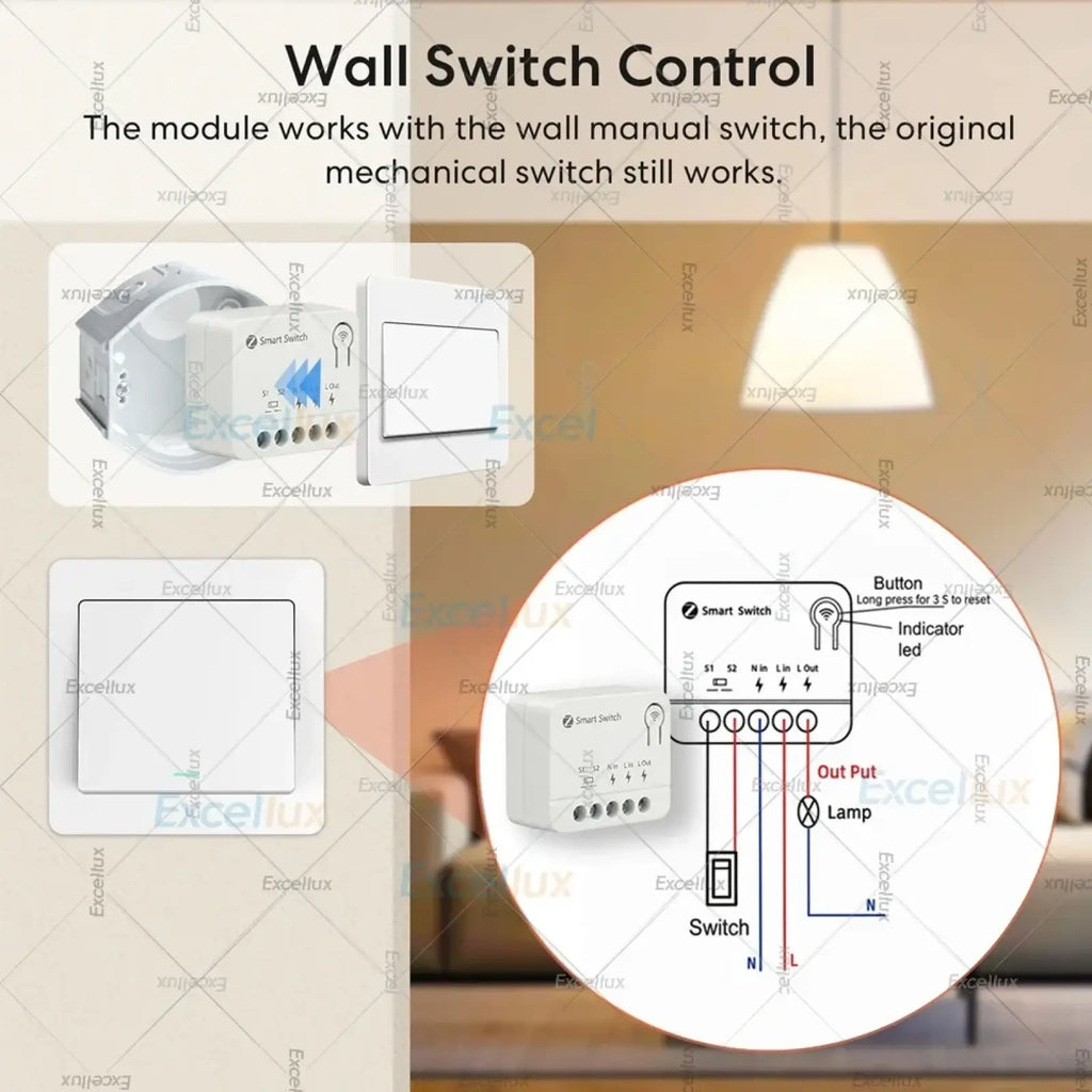 White rectangular mini zigbee smart switch module with labeled terminals and lamp connection diagram on back side