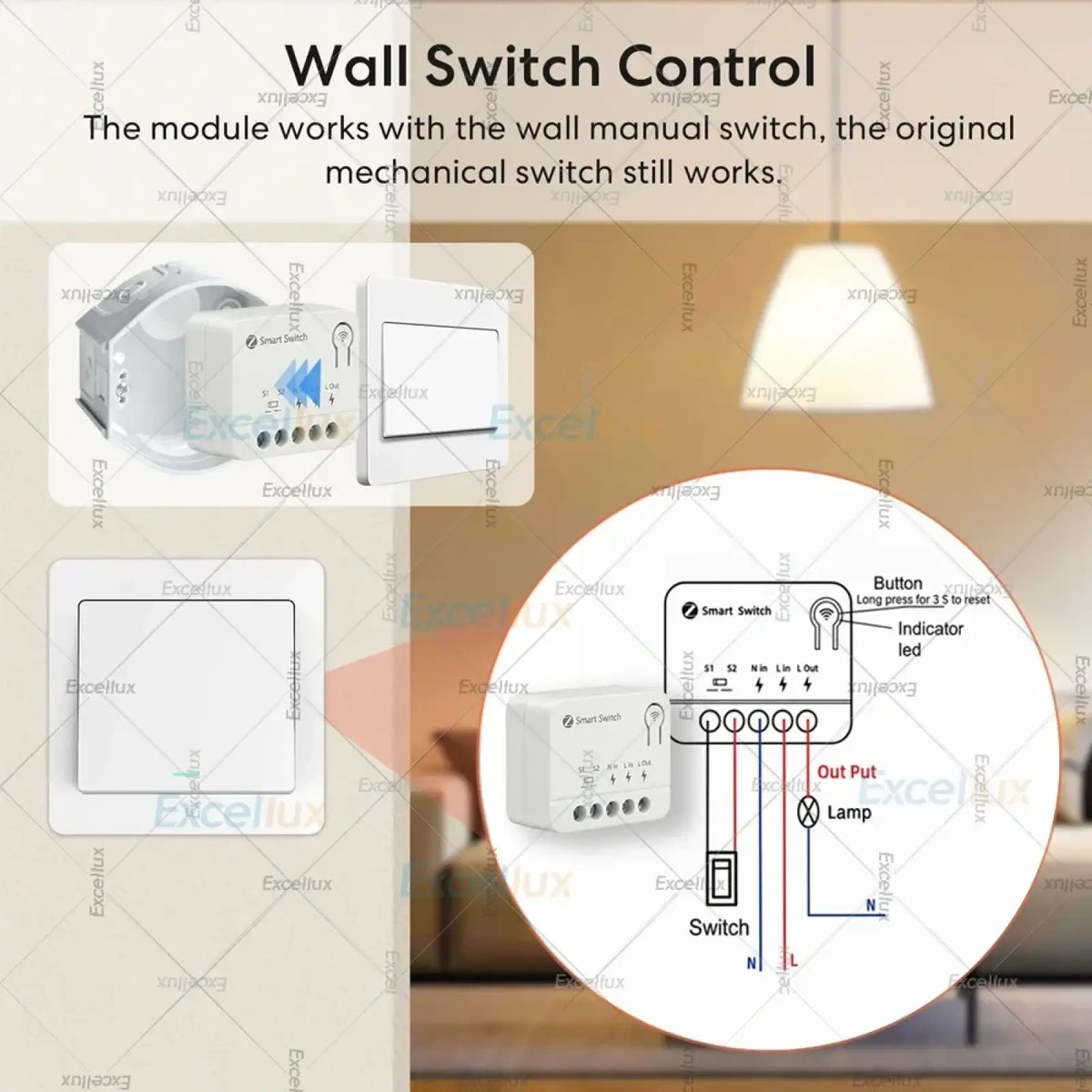 White rectangular mini zigbee smart switch module with labeled terminals and lamp connection diagram on back side