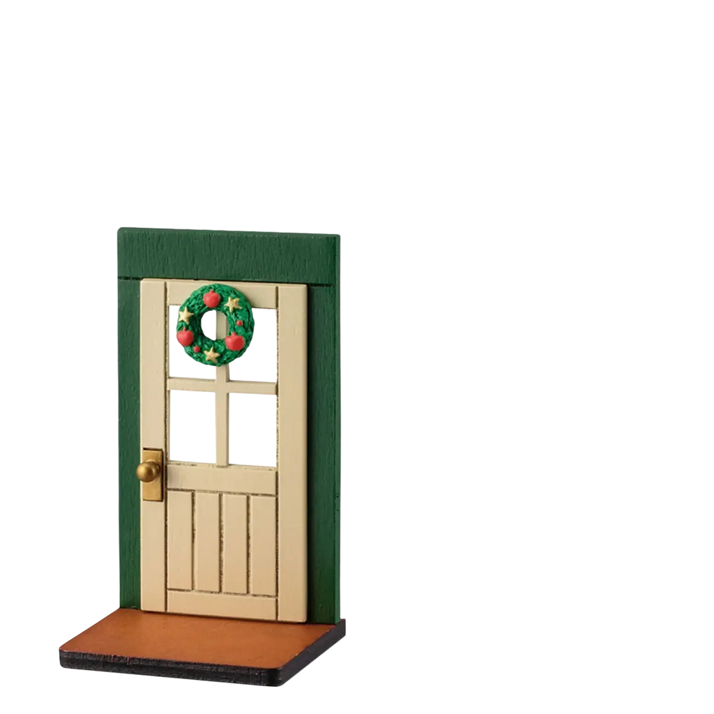 Miniature christmas door wall ornament in green and beige wood with a festive wreath of red berries and gold stars