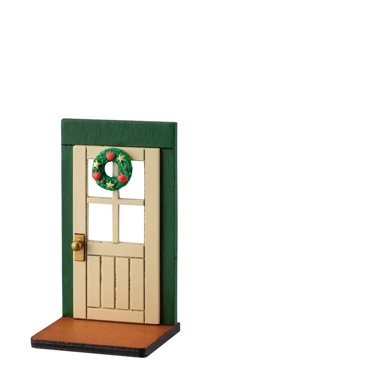 Miniature christmas door wall ornament in green and beige wood with a festive wreath of red berries and gold stars
