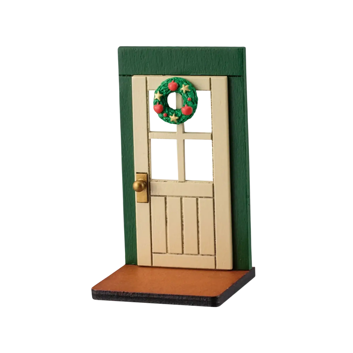 Miniature christmas door wall ornament featuring a wooden dark green framed door with a green wreath and gold handle