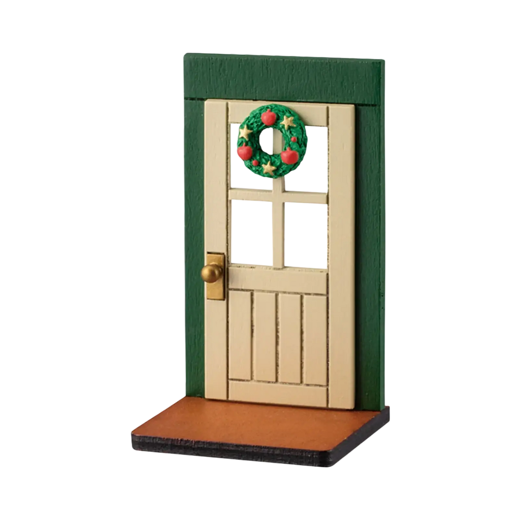Miniature Christmas door wall ornament with green frame beige paneling gold doorknob and wreath decoration
