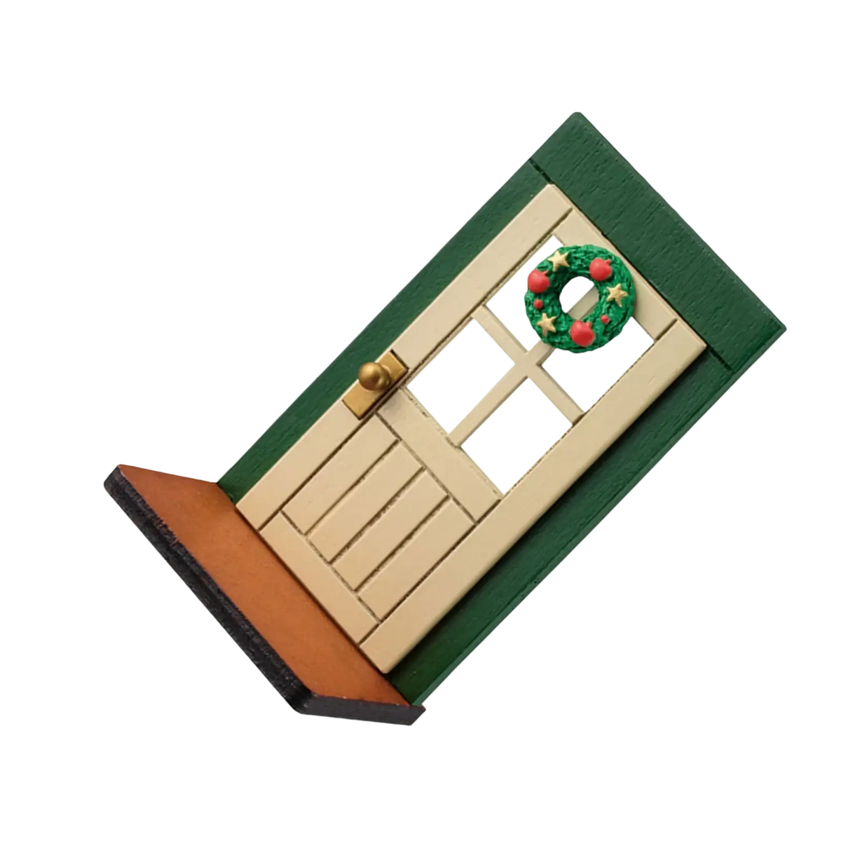 Miniature christmas door wall ornament with green frame beige paneling gold hardware and wreath decoration