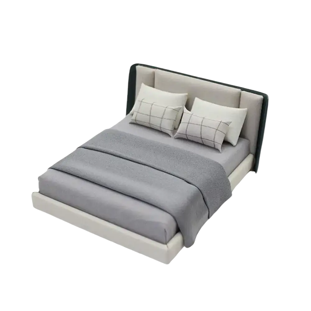 Modern gray upholstered miniature dollhouse double bed with sleek black headboard and matching grid patterned pillows