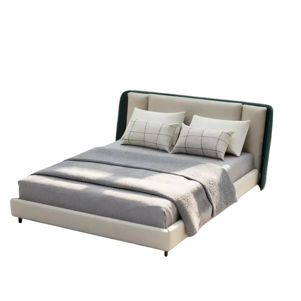 Miniature dollhouse double bed with beige upholstered frame, dark green velvet headboard, and gray bedding cream style