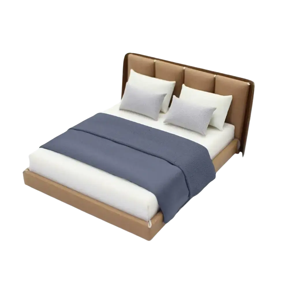 Miniature dollhouse double bed with tan upholstered headboard and frame dressed in white bedding and navy throw