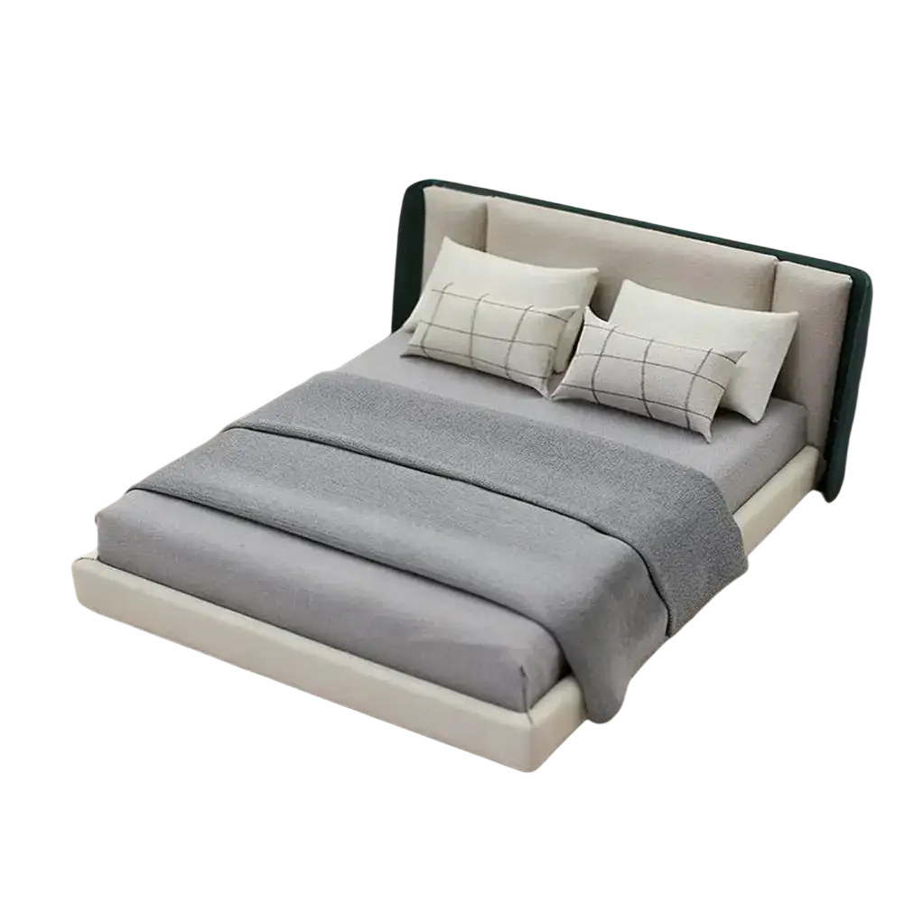 Modern miniature dollhouse double bed with beige upholstered headboard white frame and gray bedding cream style