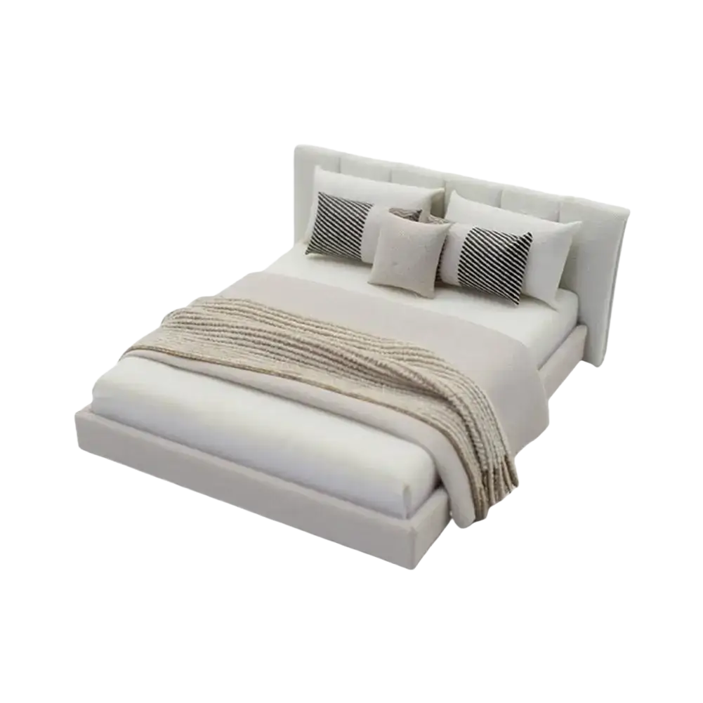 Modern miniature dollhouse double bed with cream tufted upholstered headboard and neutral bedding in platform style