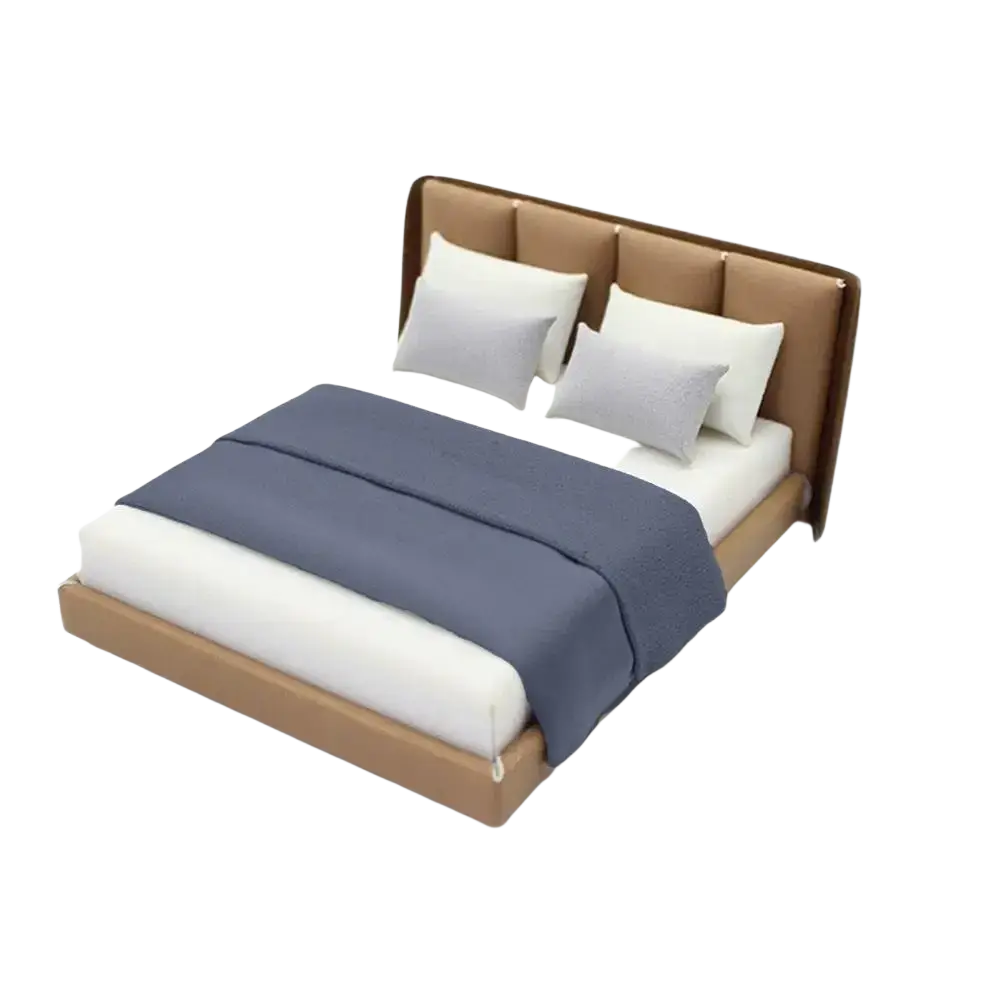 Miniature dollhouse double bed with tan upholstered headboard and footboard, white mattress base, blue duvet, and white pillows